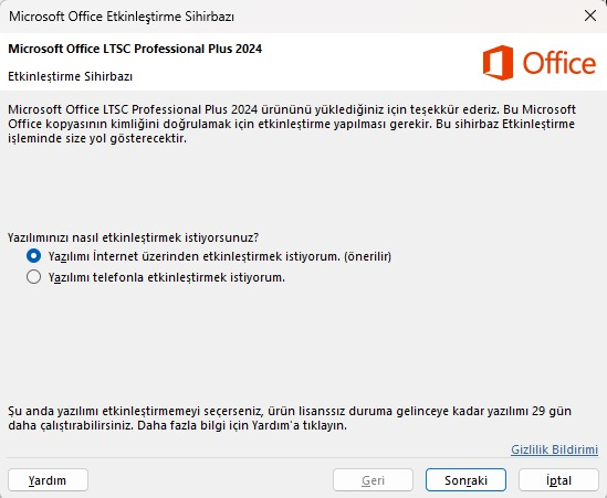 Office Etkinleştirme Sihirbazı — internet üzerinden veya telefonla etkinleştirme seçenekleri