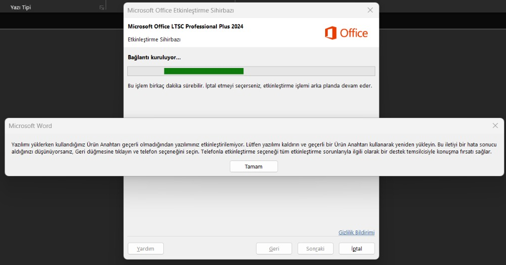 Microsoft Word hata penceresi: Ürün Anahtarı geçerli olmadığından yazılımınız etkinleştirilemiyor