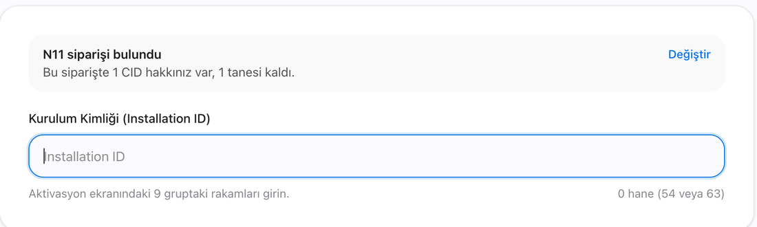 Onay Kimliği sayfası — Kurulum Kimliği (Installation ID) giriş alanı